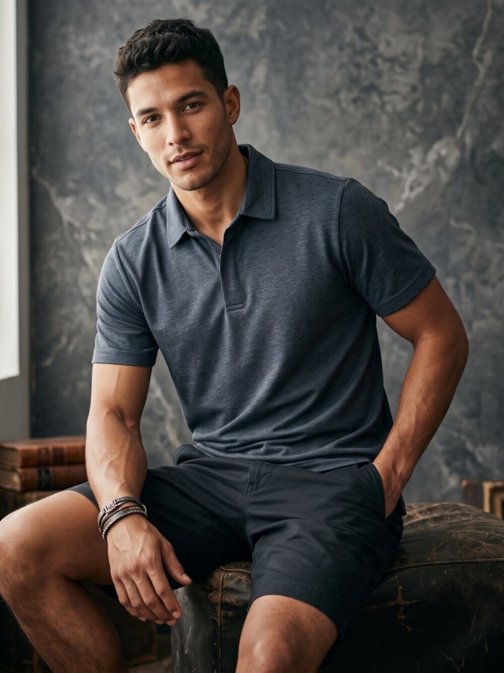01.ALGO Mens Medium Polo Shirt Heather Navy Recycled Poly Performance Athleisure